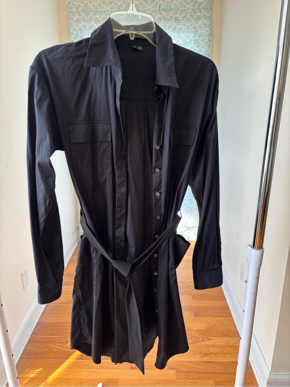 Theory Black Long-Sleeve Belted Shirt Dress with pockets Size 2
